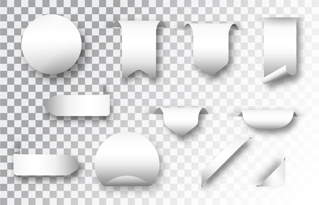 無料ベクター 白い空白の紙ステッカー セット分離モックアップ現実的なベクトル紙テンプレート ソフト シャドウ