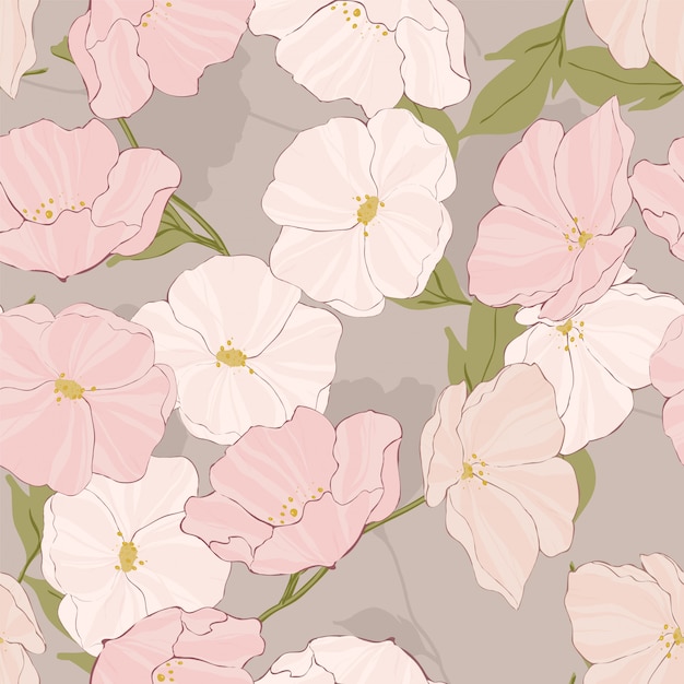 白い花の美しいベクターのシームレスなパターン 描かれたポピーのデザイン 庭の熱帯のイラスト ピンクの花の壁紙 プレミアムベクター 白い花の美しいベクターのシームレスなパターン 描かれたポピーのデザイン 庭の熱帯のイラスト ピンクの花の壁紙 プレミアムベクター