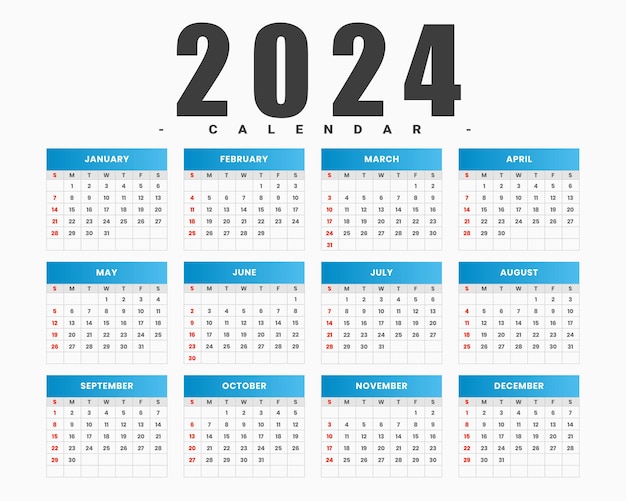 Vettore gratuito modello di calendario dell'orario annuale del 2024 bianco e blu in vettore di stile minimo