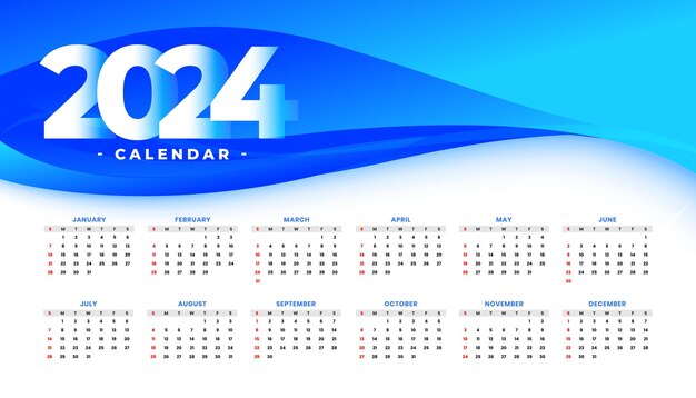 Free vector white and blue 2024 business calendar template in wavy style vector