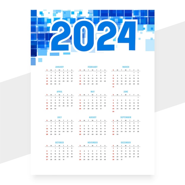 Il layout del calendario inglese bianco e blu 2024 organizza eventi o attività vettoriali