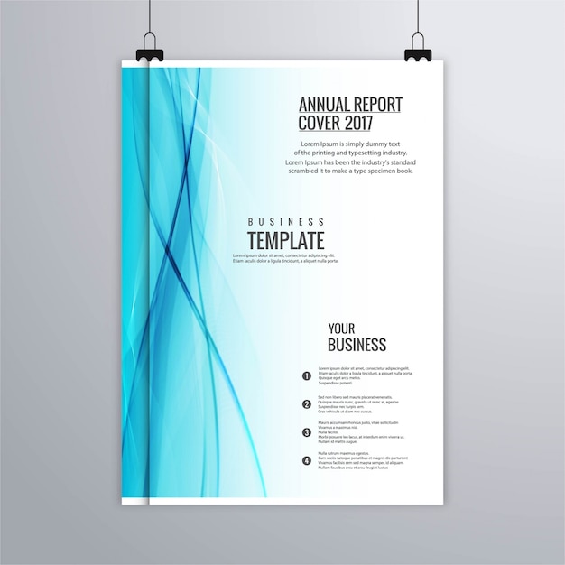 White and blue brochure with wavy shapes