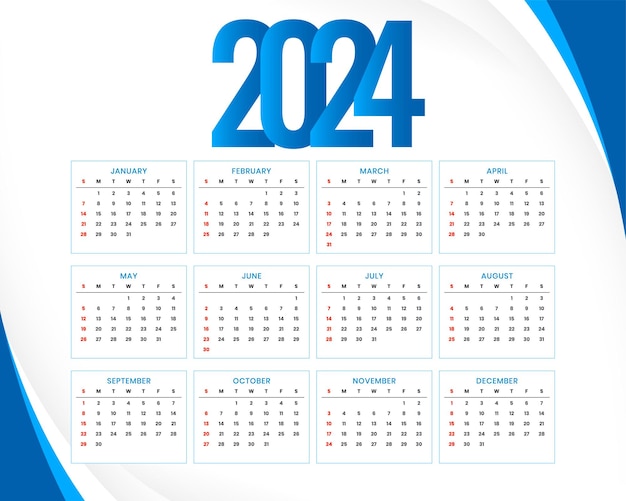 White and blue new year 2024 english calendar template design vector