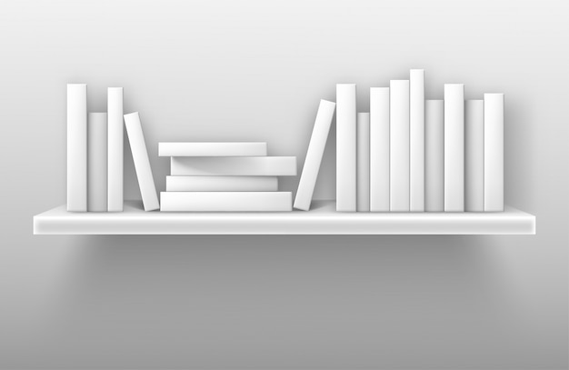 Макет белой книжной полки, книги на полке в библиотеке
