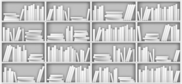 Макет белой книжной полки, книги на полке в библиотеке