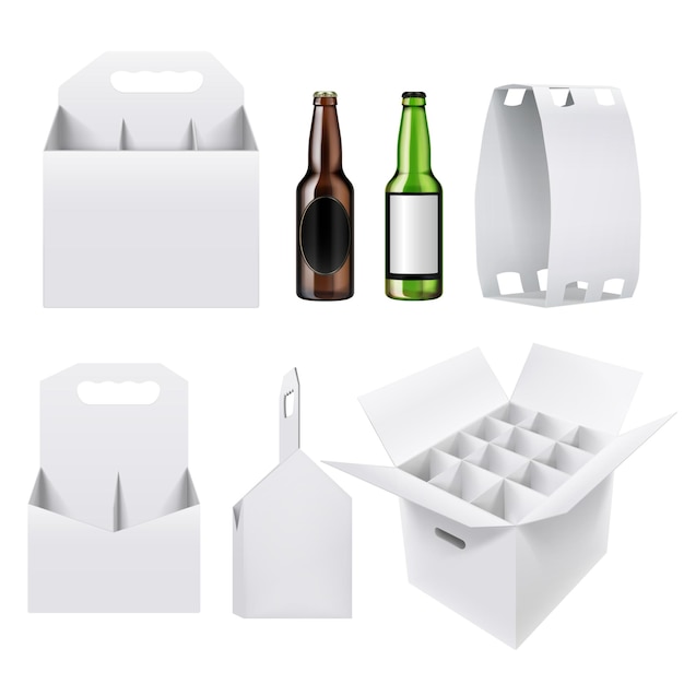 Free vector white box package of various forms for different count of glass bottles realistic mockup isolated vector illustration