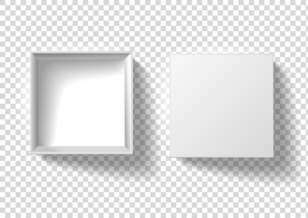 Бесплатное векторное изображение Белая коробка векторная иллюстрация реалистичного 3d картона или картонной бумаги квадратный пустой пакет с открытой крышкой