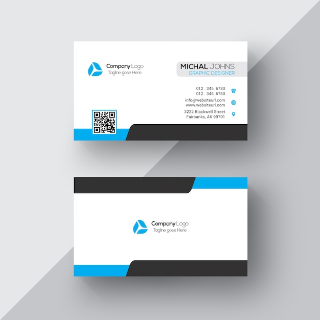 White business card with blue details
