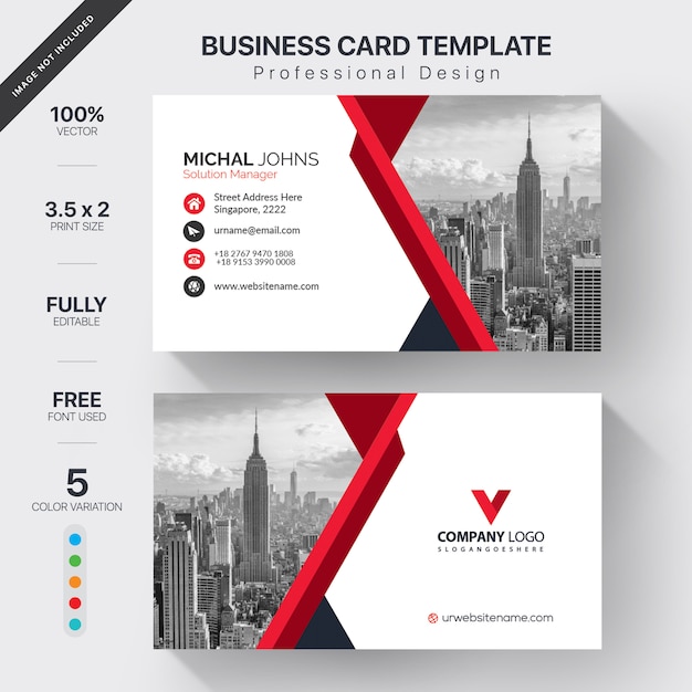 White business card with red details