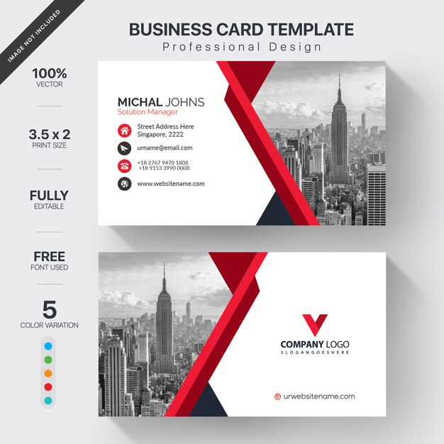 White business card with red details