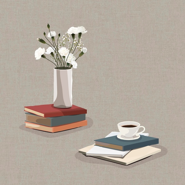 White carnation vase on a stack of books design element vector