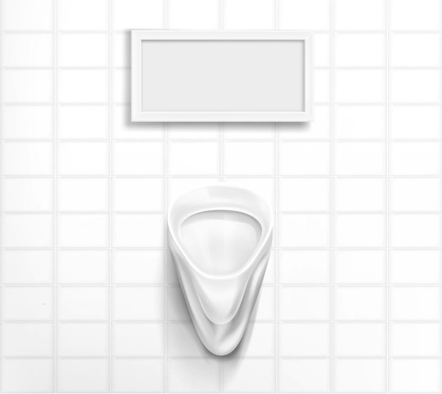 Orinatoio in ceramica bianca nella toilette maschile. interni realistici del bagno pubblico per uomini con pissoir e cornice vuota per specchio sul muro piastrellato. illustrazione di bagno, wc, wc