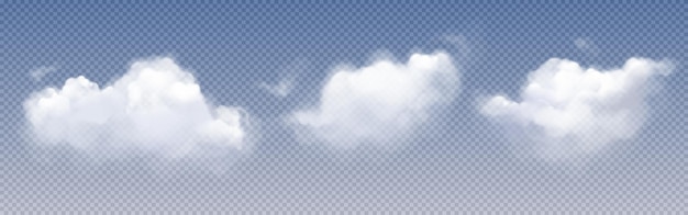 Free vector white clouds fog or smoke in air or sky fluffy cumulus clouds isolated on transparent background vector realistic illustration concept of weather meteorology climate