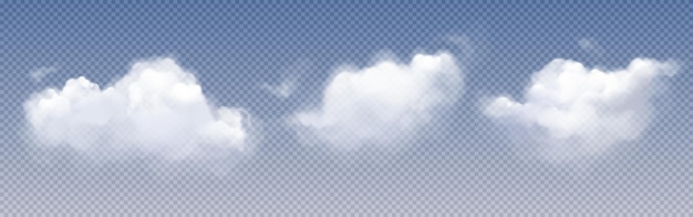 White clouds fog or smoke in air or sky Fluffy cumulus clouds isolated on transparent background vector realistic illustration Concept of weather meteorology climate