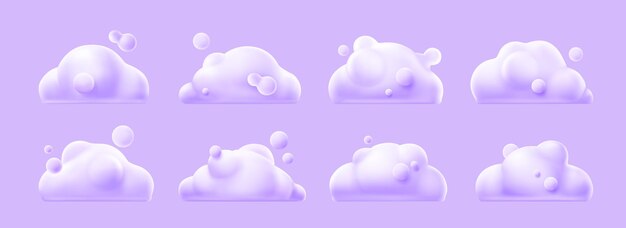 White clouds set isolated on lilac background