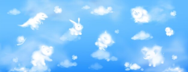 White clouds in shape of cute animals on blue sky