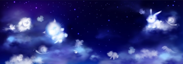 White clouds in shape of cute animals on night sky with stars
