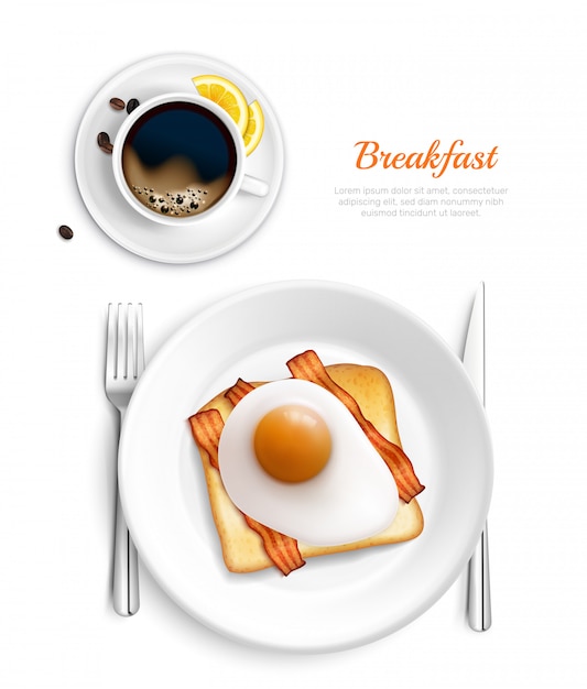 Free vector white color breakfast realistic top view composition with eggs and bacon plate vector illustration