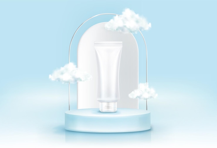 Free Vector white cosmetic tube on round podium with arch and fluffy clouds on blue