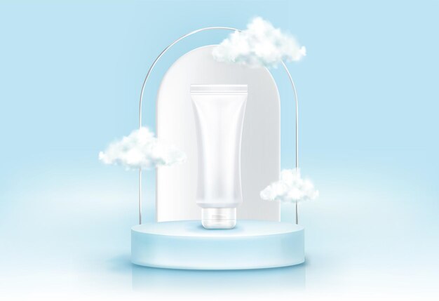 White cosmetic tube on round podium with arch and fluffy clouds on blue