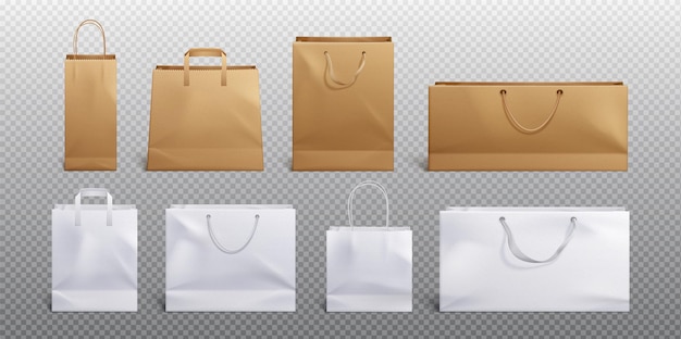 Free vector white and craft paper bag and handle vector mockup shopping package mock up to carry food front view icon merchandising design collection 3d retail reusable branding merchandise illustration