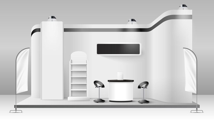 Free Vector white creative exhibition stand with blank flags and empty shelves realistic vector illustration