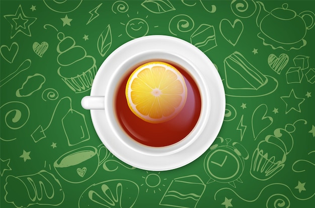 White cup of black tea with lemon slice top view realistic composition on green seamless pattern background illustration