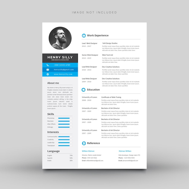 White cv template with blue and grey details.