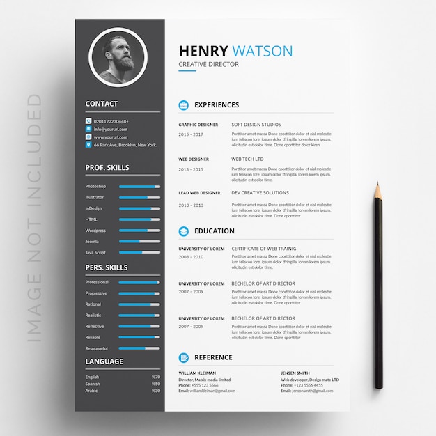 White cv template with blue and grey details