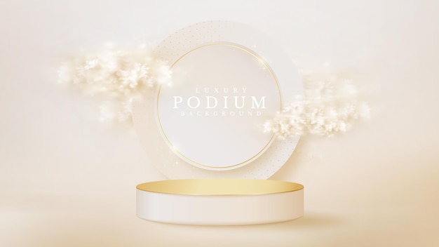 White display podium with circle and cloud element on back scene, realistic luxury background concept,
empty space for placing text and products for promotion. 3d vector illustration.