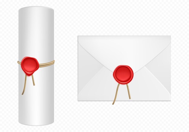 白い封筒と赤いワックステンプレートとスクロール