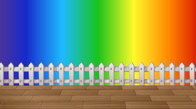 Free vector white fence and wood floor on rainbow gradient background