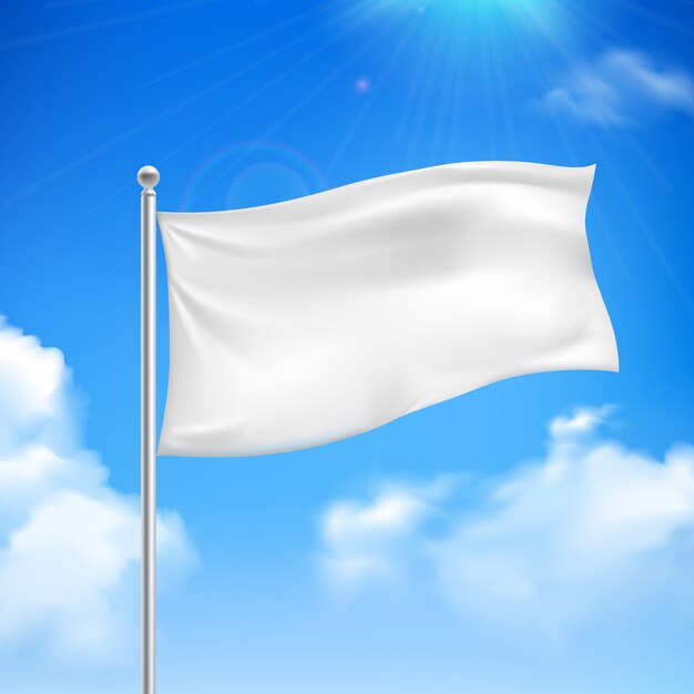 White flag in the wind against the blue sky with white clouds background banner abstract