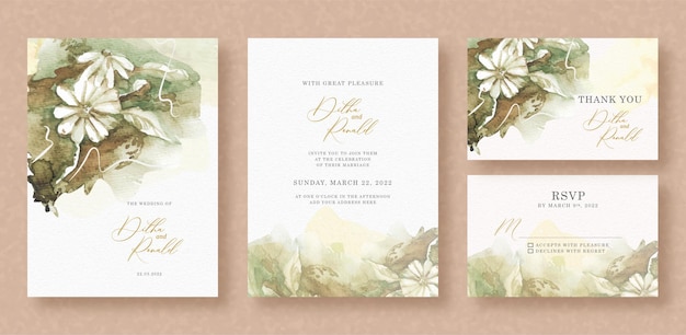 結婚式の招待カードに抽象的なスプラッシュと白い花と葉の水彩画