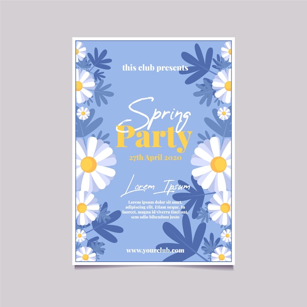 White flowers flat design spring party poster