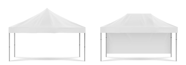 Белая складная рекламная палатка, уличная мобильная палатка для вечеринки на пляже или в саду, маркетинговой выставки или торговли. Вектор реалистичный макет пустой фестивальный тент, изолированные на белом фоне