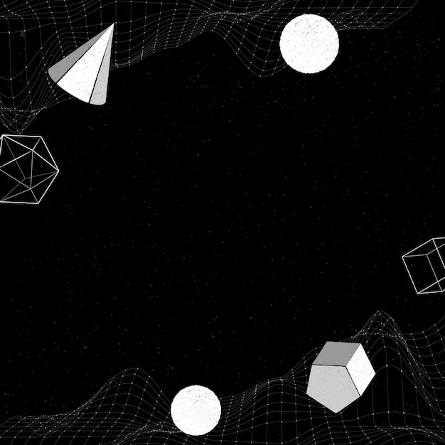 White geometric shapes on a wireframe wave patterned background