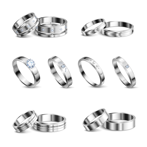 Free vector white gold platina noble metals wedding rings 6 realistic isolated sets jewelry shadow neutral background  illustration
