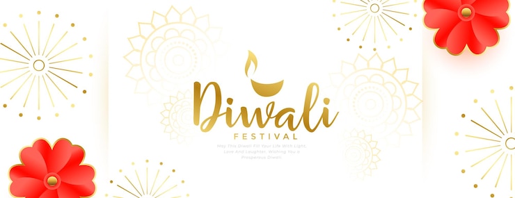 Free Vector white golden happy diwali greeting white banner with floral decor