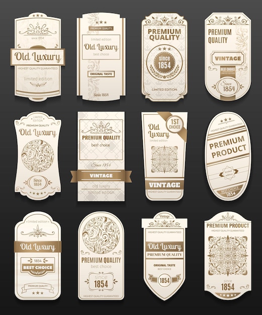 Free vector white and golden retro vintage luxury labels of different shape realistic set isolated on black