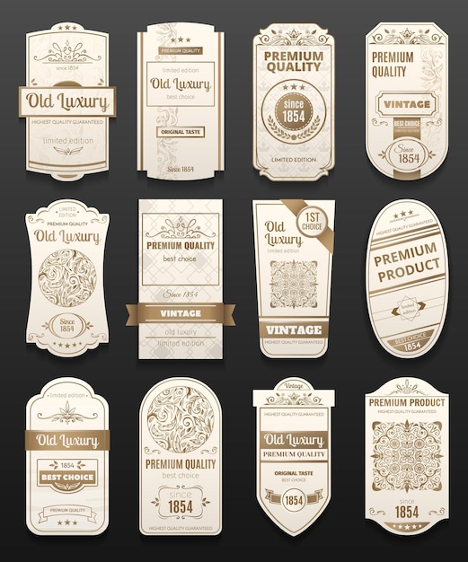 White and golden retro vintage luxury labels of different shape realistic set isolated on black