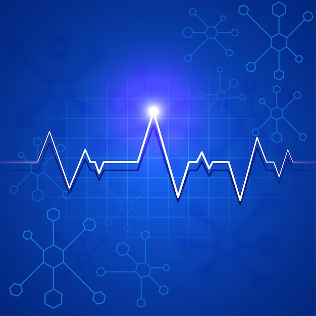 White heartbeat pulse or electrocardiogram on blue molecules background for health and medical concept.