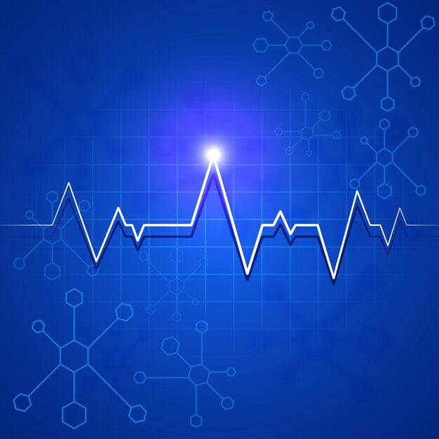 Белый пульс пульс или электрокардиограмма на фоне синих молекул для здравоохранения и медицинской концепции.