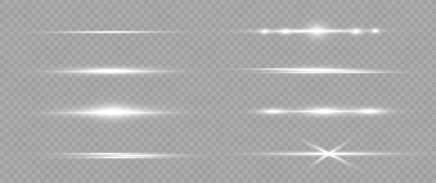 White horizontal lens flares pack. laser beams, horizontal light rays. light flares. glowing streaks on light background. luminous abstract sparkling lined background. Premium Vector