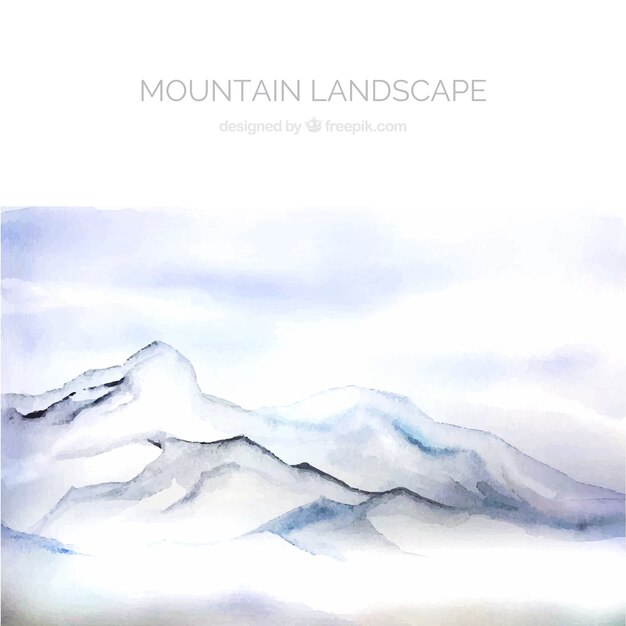 White landscape with mountains, watercolors