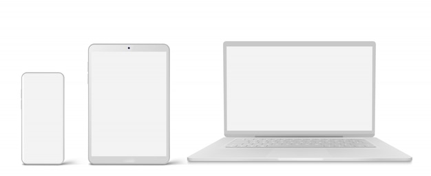 Free vector white laptop, tablet and phone with blank screen