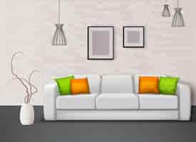 Free vector white leather sofa with fantastic green orange pillows brings color in living room realistic interior illustration