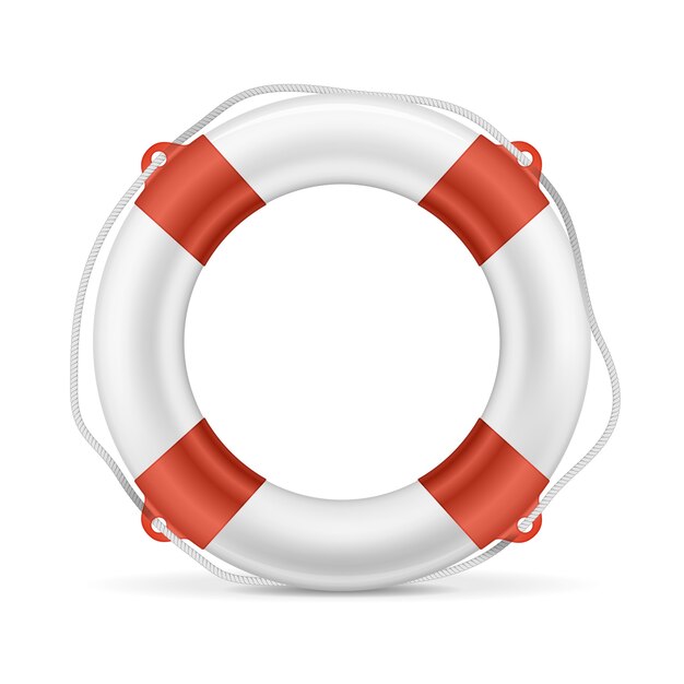 Белый спасательный круг с красными полосами и веревкой