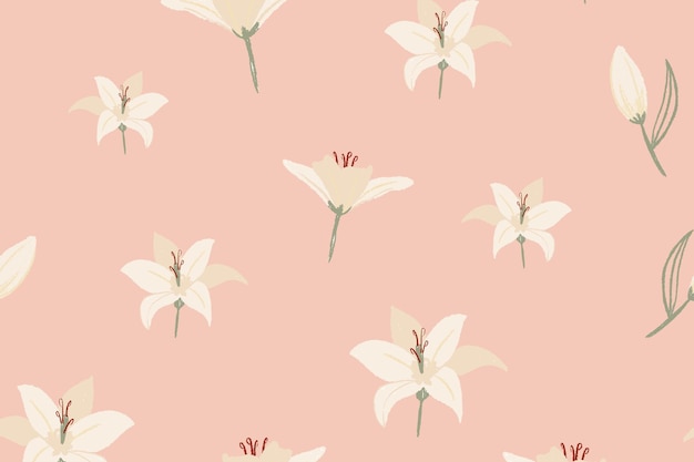 White lily floral pattern vector on nude pink background