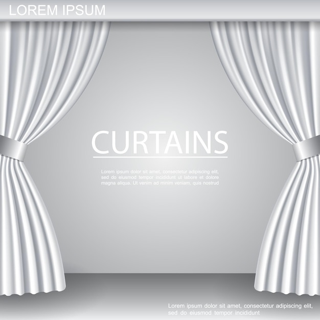 無料ベクター リアルなスタイルのイラストで劇場の舞台に白い豪華なエレガントな開いたカーテンテンプレート